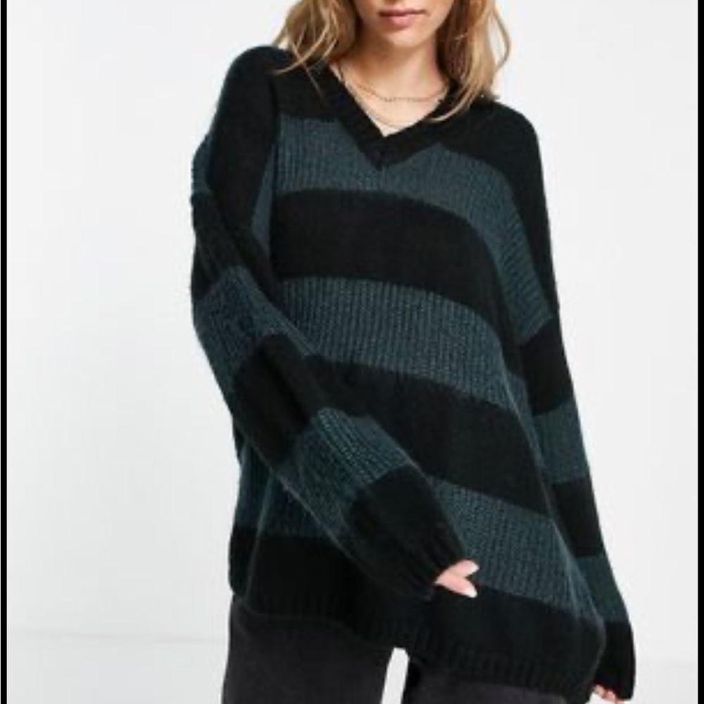 All Saints Black and Dark Teal Striped V-Neck Sweater